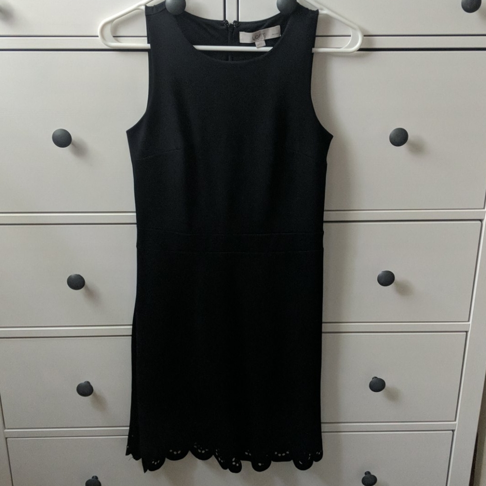 LOFT petite 00P Black Midi Dress with Eyelet Trim
